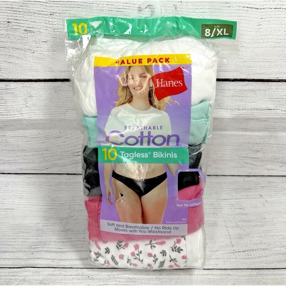 Hanes Womens 10 Pack Breathable Cotton Tagless Bikinis Size 8 XL Underwear NEW